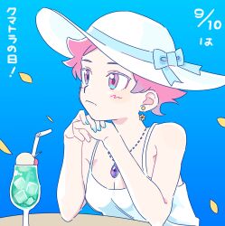 Rule 34 | 1girl, alternate costume, character name, cup, cyappy1022, dress, drinking glass, earrings, hat, highres, jewelry, kumatora, mother (game), mother 3, nail polish, necklace, nintendo, pink eyes, pink hair, short hair, solo, translation request, white dress