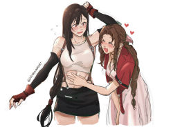 Rule 34 | 2girls, aerith gainsborough, black hair, black skirt, blood, blush, braid, braided ponytail, brown hair, closed eyes, commentary, dreamsyndd, english commentary, final fantasy, final fantasy vii, fingerless gloves, flying sweatdrops, gloves, hand on another&#039;s stomach, heart, highres, looking at another, multiple girls, nosebleed, open mouth, overalls, parted lips, simple background, skirt, square enix, suspender skirt, suspenders, tifa lockhart, white background, yuri