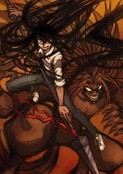 Rule 34 | 2boys, aotsuki ushio, black hair, brown eyes, claws, da huang, denim, hair between eyes, holding, holding spear, holding weapon, jeans, long hair, multiple boys, no pupils, open mouth, orange hair, pants, polearm, sharp teeth, shoes, sketch, smile, sneakers, spear, striped, teeth, tongue, tora (ushio to tora), ushio to tora, very long hair, weapon, white footwear