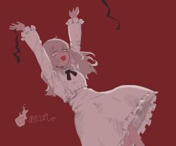 Rule 34 | 1girl, absurdres, adipocere (vocaloid), arms up, bags under eyes, belt, black ribbon, commentary, dress, falling, feet out of frame, frilled dress, frills, grey eyes, grey hair, hair down, highres, long hair, long sleeves, looking up, nanoni!, neck ribbon, open mouth, red background, ribbon, sad smile, simple background, single flame, solo, song name, tearing up, translation request, unworn ribbon, vocaloid, white belt, white dress