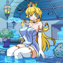 Rule 34 | 1boy, 1girl, alternate costume, blonde hair, blooper (mario), blue eyes, breasts, cascade, chain, chandelier, cheep cheep, crown, detached sleeves, dome, earrings, fountain, gunshad, hiding, highres, jewelry, large breasts, long hair, looking at viewer, mario (series), nintendo, covered erect nipples, princess peach, shrub, signature, smile, super mario bros. 1, thighhighs, toad (mario), towel, underwater, water, white thighhighs