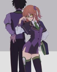 Rule 34 | 1boy, 1girl, ahoge, alternate costume, ashita kura, bad id, bad twitter id, black hair, blush, capelet, collared shirt, command spell, commentary request, fate/grand order, fate (series), fujimaru ritsuka (female), fujimaru ritsuka (male), green neckwear, hair ornament, hair scrunchie, hat, highres, holding, holding clothes, holding hat, long sleeves, looking at viewer, miniskirt, necktie, one side up, orange eyes, orange hair, puffy long sleeves, puffy sleeves, purple scrunchie, purple skirt, purple vest, scrunchie, shirt, short hair, side ponytail, skirt, thighhighs, thighs, two-tone background, unworn hat, unworn headwear, vest, white shirt