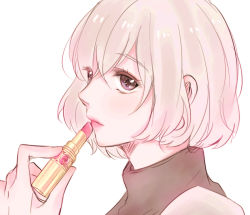 Rule 34 | 1boy, bad id, bad pixiv id, closed mouth, cosmetics, crossdressing, from side, grey background, holding, lipstick tube, looking at viewer, portrait, red lips, lipstick tube, sasaki haise, sasako (tokyo ghoul), short hair, simple background, solo, tokyo ghoul, tokyo ghoul:re, toukaairab