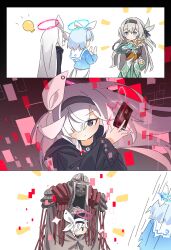 Rule 34 | 1boy, 3girls, absurdres, arona (blue archive), black hairband, blue archive, bow, breasts, card, clapping, cloak, credit card, emphasis lines, fingernails, firefly (honkai: star rail), grey cloak, grey hair, hair between eyes, hair intakes, hair ornament, hair over one eye, hairband, halo, highres, holding, honkai: star rail, honkai (series), idea, light bulb, long fingernails, long hair, long sleeves, mask, mask on head, motion lines, multicolored squares background, multiple girls, neckerchief, phrenapates (blue archive), plana (blue archive), purple eyes, rizuaki, school uniform, shirt, shoulder guard, skirt, surprised, white hair, wire