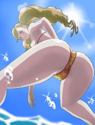 Rule 34 | 1girl, ass, atlus, bikini, blonde hair, blue eyes, blush, breasts, cameltoe, cleavage, day, earrings, from below, highres, jewelry, legs, long hair, looking down, neucia, ocean, outdoors, persona, persona 5, shiny skin, solo, sun, swimsuit, takamaki anne, thighs, twintails