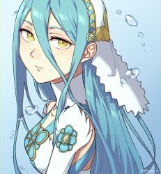 Rule 34 | 1girl, azura (fire emblem), blue background, blue hair, breasts, closed mouth, collarbone, commentary request, detached collar, detached sleeves, dress, expressionless, fire emblem, fire emblem fates, hair between eyes, highres, long hair, looking at viewer, medium breasts, nintendo, peach11 01, solo, strapless, strapless dress, twitter username, upper body, veil, white dress, white sleeves, white veil, yellow eyes