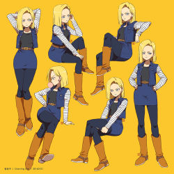 Rule 34 | 1girl, adjusting hair, android 18, arms behind head, artist name, belt, black pantyhose, blonde hair, blue eyes, boots, brown footwear, blowing bubbles, buckle, character sheet, chewing gum, collarbone, crossed legs, dated, denim, denim skirt, dragon ball, dragonball z, drawinglee, earrings, frown, hand on own hip, hands on own hips, hip focus, invisible chair, jewelry, knee boots, leg up, long sleeves, looking away, multiple views, pantyhose, shirt, short hair, simple background, sitting, skirt, smile, smirk, striped clothes, striped shirt, vest, yellow background