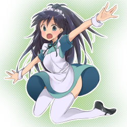Rule 34 | 1girl, black hair, blue eyes, fang, ganaha hibiki, idolmaster, idolmaster (classic), long hair, maid, maid headdress, open mouth, outstretched arms, pantarou, ponytail, solo, thighhighs, white thighhighs