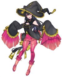 Rule 34 | 1girl, absurdres, banette, black hair, boots, breasts, cleavage, creatures (company), detached sleeves, earrings, female focus, frilled sleeves, frills, full body, game freak, gen 3 pokemon, hat, highres, jewelry, katagiri hachigou, long hair, long sleeves, medium breasts, mega banette, mega pokemon, nintendo, open mouth, pantyhose, personification, pink eyes, pink skirt, pleated skirt, pokemon, shiny clothes, shiny skin, simple background, skirt, smile, solo, standing, thighhighs, very long hair, white background, wide sleeves, witch hat, zipper, zipper pull tab