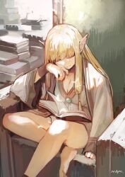 Rule 34 | 1girl, absurdres, arm support, artist name, blonde hair, book, book stack, breasts, cleavage, closed eyes, closed mouth, fingernails, hair between eyes, hand on own cheek, hand on own face, highres, indoors, long hair, mutumipketto, on chair, pointy ears, serie (sousou no frieren), sidelocks, signature, sitting, solo, sousou no frieren