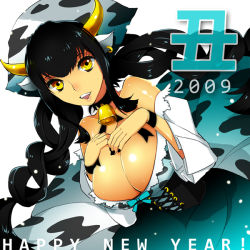 Rule 34 | 00s, 1girl, 2009, bell, neck bell, black hair, black nails, breasts, cleavage, collar, cow girl, cowbell, horns, huge breasts, mami (apsaras), nail polish, new year, solo, yellow eyes
