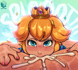 Rule 34 | 1boy, 1girl, artist logo, artist name, blonde hair, blue background, blue eyes, blush, cheek bulge, crown, cum, cum in mouth, deepthroat, earrings, english text, eyelashes, fellatio, green background, hetero, highres, jewelry, lips, looking at viewer, mario (series), medium hair, nail polish, nintendo, nose, nostrils, oral, pink lips, pink nails, princess peach, solo focus, sound effects, sparkle, spicyfuse, super mario bros. 1, thick lips, upper body