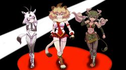 Rule 34 | &gt;:), 10s, 3girls, abs, adapted costume, animal ears, antenna hair, arabian oryx (kemono friends), armband, armor, arms at sides, aurochs (kemono friends), bare shoulders, black hair, boots, breasts, brown eyes, brown hair, camouflage, cleavage, clenched hand, closed mouth, commentary request, corset, covered navel, cow ears, cow tail, cross-laced footwear, dark-skinned female, dark skin, detached sleeves, expressionless, fangs, fangs out, full body, fur collar, gauntlets, gazelle ears, gazelle tail, green hair, hair between eyes, half-closed eyes, hand in own hair, hand on own arm, hand up, highres, holding, holding polearm, holding spear, holding weapon, horns, ishiba, kemono friends, lace-up boots, leotard, light brown hair, lion (kemono friends), lion ears, lion tail, long sleeves, looking at viewer, medium hair, multicolored hair, multiple girls, navel, pants, pantyhose, pauldrons, pelvic curtain, pink hair, polearm, short hair, shoulder-to-shoulder, shoulder armor, slit pupils, smile, spear, sports bra, stomach, tail, thigh gap, thighhighs, toned, two-tone hair, v-shaped eyebrows, walking, weapon, wrestling outfit, yellow eyes