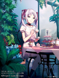 Rule 34 | 10s, 1girl, bad id, bad pixiv id, black socks, bow, cake, chair, choker, closed mouth, copyright name, cup, cupcake, enomaru saku, flower, food, hair bow, holding, holding cup, indoors, looking at viewer, luck &amp; logic, nina (luck &amp; logic), official art, plant, saucer, sitting, smile, socks, solo, table, teacup, teapot, tiered tray, twintails, white hair