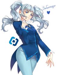 Rule 34 | 1girl, artist request, blue eyes, blue jacket, blue legwear, blue necktie, blunt bangs, cowboy shot, cube hair ornament, formal, from below, hair ornament, highres, jacket, logo, necktie, rkn-chan, simple background, solo, standing, tagme, thick eyebrows, twintails, white background