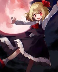 Rule 34 | 1girl, ascot, blonde hair, glowing, glowing eye, hair ribbon, long sleeves, looking at viewer, moon, night, night sky, open mouth, outstretched arms, red eyes, red moon, ribbon, rumia, sharp teeth, shirt, short hair, shugao, skirt, skirt set, sky, smile, socks, solo, teeth, touhou, vest