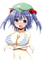 Rule 34 | 1girl, akagiakemi, between breasts, bikini, blue eyes, blue hair, blush, breast hold, breasts, female focus, hair bobbles, hair ornament, hat, kawashiro nitori, key, matching hair/eyes, navel, short hair, simple background, solo, swimsuit, touhou, twintails, two side up, white background