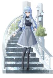 Rule 34 | 1girl, absurdres, ahoge, black footwear, black legwear, black shirt, blouse, blue hair, boots, closed mouth, commentary request, dress, flower, frilled dress, frilled shirt, frills, full body, grey dress, hair flower, hair ornament, heart, heart ahoge, highres, holding, hololive, knee boots, lamp, long hair, long sleeves, looking at viewer, multicolored hair, narukami arei, petals, plant, pointy ears, puffy sleeves, shirt, smile, snowflakes, solo, stairs, standing, streaked hair, virtual youtuber, white flower, yellow eyes, yukihana lamy