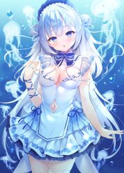 Rule 34 | 1girl, air bubble, bare arms, blue dress, blue eyes, breasts, bubble, cleavage, clothing cutout, commentary request, double bun, dress, frilled dress, frills, grey hair, hair bun, hand up, head tilt, highres, jellyfish, long hair, looking at viewer, medium breasts, nanohana kohina, navel, navel cutout, original, parted lips, pleated dress, solo, thighhighs, two side up, underwater, very long hair, water, white thighhighs