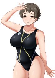 Rule 34 | 1girl, asics, black one-piece swimsuit, breasts, brown eyes, brown hair, collarbone, competition swimsuit, curvy, groin, highleg, inumaru75707951, large breasts, logo, one-piece swimsuit, original, short hair, simple background, solo, standing, swimsuit, thick eyebrows, two-tone swimsuit, white background