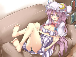 Rule 34 | 1girl, bad feet, bare legs, barefoot, blush, bow, breast hold, breasts, cleavage, couch, crescent, deetamu, dress, feet, female focus, hat, highres, large breasts, long hair, lying, on back, open mouth, patchouli knowledge, purple eyes, purple hair, soles, solo, striped clothes, striped dress, tam-out (datam), toes, touhou, vertical stripes