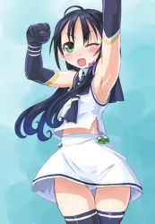 Rule 34 | &gt;;d, 10s, 1girl, ;d, arm up, armpits, black gloves, black hair, black thighhighs, blush, dd (ijigendd), elbow gloves, gloves, green eyes, kantai collection, long hair, low twintails, one eye closed, open mouth, panties, pantyshot, school uniform, serafuku, skirt, sleeveless, smile, solo, standing, suzukaze (kancolle), thighhighs, twintails, underwear, v-shaped eyebrows, white panties, white skirt