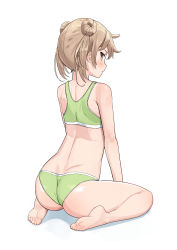 Rule 34 | 1girl, ass, back, bad id, bad pixiv id, bare legs, bare shoulders, barefoot, blonde hair, blush, bra, closed mouth, commentary request, double bun, feet, from behind, full body, green bra, green panties, hair between eyes, hair bun, highres, kantai collection, light brown hair, looking at viewer, looking back, michishio (kancolle), osananajimi neko, panties, revision, short hair, short twintails, simple background, sitting, soles, solo, toes, twintails, underwear, underwear only, white background, yellow eyes