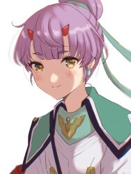 Rule 34 | 1girl, closed mouth, earrings, fiona (xenoblade), hair bun, highres, horns, jacket, jewelry, looking at viewer, purple hair, simple background, single hair bun, smile, solo, upper body, white background, white jacket, xenoblade chronicles (series), xenoblade chronicles 3, yamamori kinako, yellow eyes