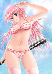 Rule 34 | 1girl, armpits, bad id, bad pixiv id, bikini, breasts, club (weapon), day, green eyes, hair bobbles, hair ornament, heart, heart print, long hair, medium breasts, navel, obiwan, pink bikini, pink hair, print bikini, short twintails, sky, solo, swimsuit, thighhighs, twintails, two side up, water, weapon