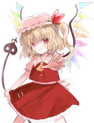 Rule 34 | 1girl, ascot, bad id, bad twitter id, blonde hair, closed mouth, cowboy shot, crystal, flandre scarlet, hat, highres, laevatein (touhou), looking at viewer, mob cap, one side up, red eyes, red skirt, red vest, short hair, simple background, skirt, smile, solo, standing, tamarie amareto, touhou, vest, white background, white hat, wings, yellow ascot, zun (style)