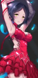 Rule 34 | 10s, 1girl, armpits, arms up, black hair, blue feathers, breasts, dress, earrings, feathers, hayami kanade, highres, idolmaster, idolmaster cinderella girls, idolmaster cinderella girls starlight stage, jewelry, looking at viewer, medium breasts, parted bangs, parted lips, red dress, seedkeng, short hair, smile, solo, yellow eyes