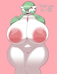 Rule 34 | 1girl, absurdres, breasts, collarbone, colored skin, cowboy shot, creatures (company), dress, duskyer, eyelashes, game freak, gardevoir, gen 3 pokemon, gigantic breasts, green hair, green skin, highres, large areolae, navel, nintendo, nipples, no humans, nude, pink background, plump, pokemon, red eyes, solo, standing, thick thighs, thighs, w arms, white skin, wide hips