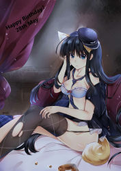Rule 34 | 1girl, absurdly long hair, absurdres, animal ears, aquaplus, arm up, black hair, black jacket, blazer, blue eyes, bra, breasts, cleavage, closed mouth, collarbone, curtains, frilled bra, frills, from side, garter straps, hair between eyes, hat, highres, indoors, jacket, knees up, large breasts, lips, lmoe, long hair, looking at viewer, midriff, necktie, open clothes, sidelocks, sitting, solo, tail, thighhighs, thighs, torn clothes, torn thighhighs, touma kazusa, underwear, unworn clothes, very long hair, white album, white album (series), white album 2