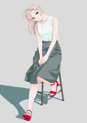 Rule 34 | 1girl, alternate costume, casual, full body, green eyes, grey background, grey hair, grey skirt, hair tie, head tilt, highres, kantai collection, kinugasa (kancolle), kinugasa kai ni (kancolle), long skirt, looking at viewer, ojipon, open clothes, red footwear, shadow, shirt, simple background, sitting, skirt, sleeveless, sleeveless shirt, smile, solo, stool, white shirt