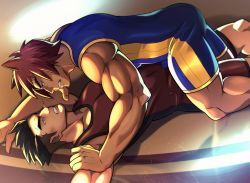 Rule 34 | 2boys, alternate costume, animal ears, bara, blue bodysuit, bodysuit, bulge, bulge press, bulges touching, darius (league of legends), erection, erection under clothes, closed eyes, feet out of frame, highres, league of legends, leg between thighs, lying, lying on person, male focus, mature male, multiple boys, muscular, muscular male, on back, pectoral cleavage, pectorals, red bodysuit, red hair, seb (notsafeforseb), sett (league of legends), short hair, sideburns, thick eyebrows, thigh straddling, thighs, wrestling, wrestling outfit