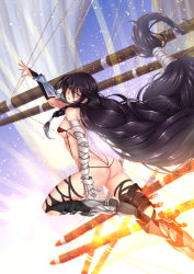 Rule 34 | 1girl, adsouto, arm guards, arm up, armor, armored boots, artist name, ass, bandaged arm, bandages, black hair, black shorts, black thighhighs, boots, braid, breasts, day, highres, long hair, looking at viewer, medium breasts, one-piece swimsuit, red one-piece swimsuit, red slingshot swimsuit, shorts, slingshot swimsuit, solo, swimsuit, tales of (series), tales of berseria, thigh strap, thighhighs, torn clothes, torn thighhighs, underboob, velvet crowe, very long hair, yellow eyes