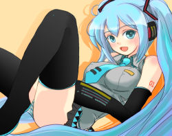 Rule 34 | 1girl, amiesdeli, aqua eyes, aqua hair, breasts, detached sleeves, female focus, hatsune miku, headphones, long hair, necktie, open mouth, panties, skirt, smile, solo, striped clothes, striped panties, thighhighs, twintails, underwear, very long hair, vocaloid