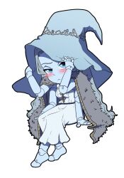 Rule 34 | 1girl, barefoot, blue eyes, blue skin, blush, breasts, chibi, cloak, colored skin, death by lolis, doll joints, elden ring, extra arms, frown, fur cloak, grey hair, hat, highres, invisible chair, joints, large hat, medium breasts, ranni the witch, sitting, solo, witch hat