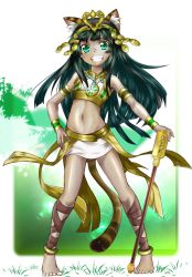 Rule 34 | animal ears, anklet, barefoot, bastet (p&amp;d), bracelet, brown hair, cat ears, cat tail, child, dark skin, egyptian, flat chest, grin, jewelry, legs, long hair, navel, puzzle &amp; dragons, staff, tail, toenails, toes