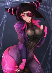 Rule 34 | 1girl, biker clothes, bikesuit, black hair, black nails, blunt bangs, bodysuit, breasts, capcom, colored eyelashes, contrapposto, cowboy shot, curvy, drill hair, evil grin, evil smile, eyepatch, fingerless gloves, gloves, gradient background, grin, hair ornament, han juri, hand on own thigh, highres, hip focus, impossible bodysuit, impossible clothes, large breasts, looking at viewer, maru-pen, multi-tied hair, nail polish, open clothes, pink eyes, purple bodysuit, purple eyes, short hair with long locks, sidelocks, skin tight, smile, solo, standing, street fighter, street fighter v, thick thighs, thighs, turtleneck, twin drills, unbuttoned, unzipped