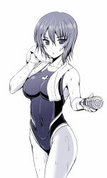 10s 1girl bare_shoulders bottle breasts competition_swimsuit covered_navel female_focus girls_und_panzer giving highres kumoi_takashi looking_at_viewer monochrome nishizumi_maho one-piece_swimsuit short_hair simple_background solo standing swimsuit towel towel_around_neck water_bottle wet white_background