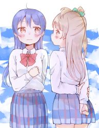 Rule 34 | 2girls, arms behind back, blush, bow, bowtie, closed mouth, cowboy shot, from behind, grey hair, hair between eyes, long hair, long sleeves, looking at another, love live!, love live! school idol project, minami kotori, multiple girls, one side up, otonokizaka school uniform, plaid, plaid skirt, pleated skirt, school uniform, shijimi kozou, shirt, skirt, sonoda umi, striped bow, striped bowtie, striped clothes, striped neckwear, white shirt, yuri