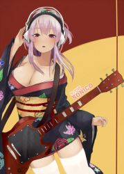 Rule 34 | 1girl, bad id, bad pixiv id, breasts, cleavage, electric guitar, female focus, guitar, headphones, hyan, instrument, japanese clothes, kimono, large breasts, long hair, looking at viewer, nitroplus, open mouth, pink eyes, pink hair, sash, short kimono, simple background, solo, striped, striped background, super sonico, thighhighs