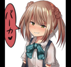 Rule 34 | 10s, 1girl, blonde hair, bow, bowtie, collared shirt, commentary request, double bun, flat chest, frown, grin, kantai collection, michishio (kancolle), narrowed eyes, pillarboxed, shadow, shirt, short hair, short sleeves, short twintails, simple background, smile, solo, speech bubble, suspenders, tai (nazutai), translation request, tsurime, twintails, upper body, white background, white shirt, yellow eyes