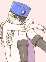 Rule 34 | 1girl, bc freedom (emblem), bc freedom military uniform, blonde hair, blush, boots, breasts, brown footwear, closed mouth, drill hair, emblem, girls und panzer, green eyes, hat, knee boots, large breasts, long hair, looking at viewer, marie (girls und panzer), military, military uniform, nude, oosaka kanagawa, pink background, simple background, smile, solo, uniform