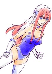 Rule 34 | 00s, 1girl, birdy cephon altera, blue eyes, boots, breasts, cleavage, detached collar, dyed bangs, elbow gloves, gloves, hairband, large breasts, leotard, long hair, multicolored hair, red hair, shiba-ta, solo, strapless, tetsuwan birdy, tetsuwan birdy decode, thigh boots, thighhighs, two-tone hair, white hair
