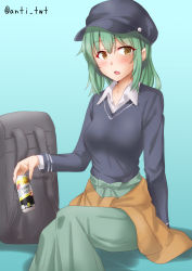 Rule 34 | 1girl, alternate hairstyle, anti (untea9), aqua background, bag, beret, black sweater, breasts, brown eyes, can, collared shirt, cowboy shot, gradient background, green background, green hair, green skirt, hair between eyes, hat, highres, kantai collection, long skirt, looking at viewer, medium hair, official alternate costume, open mouth, shirt, sitting, skirt, small breasts, smile, solo, sweater, twitter username, white shirt, yuubari (kancolle)