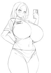 Rule 34 | 1girl, absurdres, bad link, breasts, cellphone, greyscale, highres, huge breasts, monochrome, phone, product girl, ruliweb, samsung sam, short hair, sketch, smartphone, smile, sogogistew, solo, thick thighs, thighs, unfinished, white background, wide hips