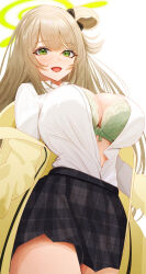 Rule 34 | 1girl, absurdres, black skirt, blue archive, blush, bra, breasts, collared shirt, cowboy shot, green bra, green eyes, green halo, halo, highres, jacket, large breasts, light brown hair, long hair, long sleeves, looking at viewer, ni tamago sando, nonomi (blue archive), open mouth, pleated skirt, shirt, simple background, skirt, smile, solo, underwear, white background, white shirt, yellow jacket