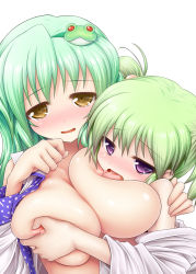 Rule 34 | 2girls, ariesu watanabe, blush, breasts, breasts squeezed together, female focus, frog, frog hair ornament, green hair, hair bobbles, hair ornament, huge breasts, kisume, kochiya sanae, large breasts, multiple girls, nipples, open mouth, purple eyes, saliva, short twintails, simple background, tongue, touhou, twintails, yellow eyes, yuri